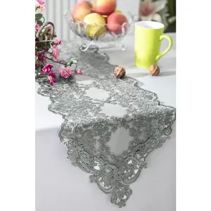 13"x108" Floral Corded Lace Embroidered Table Runner - Silver (1pc)