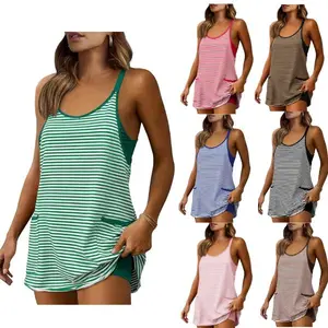 Kingapril Women's Summer Athletic Mini Dress Sleeveless V Neck Built-in Shorts Striped Tennis Workout Vacation