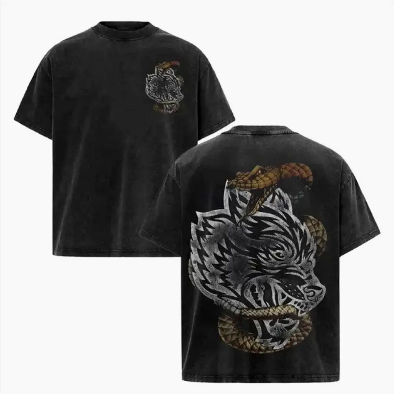 Darc Sport Wolves And Snake Double Sided Graphic T Shirt Acid Washed Oversized Heavyweight Cotton Short Sleeve Crewneck Black Streetwear Casual Daily Fashion Top Trendy Animal Art Print Gothic Style Apparel for Adult Men Workout and Street Outfit BBD