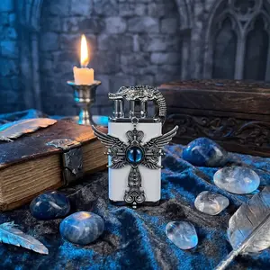 Gothic Crocodile Lighter (No Gas Included) with Winged Cross & Blue Dragon Eye - Luxury Jet Torch Lighter for Men Windproof Refillable Butane Lighter - Cool Valentine's Day Gift for Him Boyfriend Husband surprise christmas birthday gift anniversary
