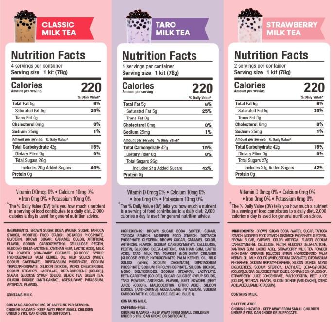 Boba Bundle Kit 10 Serv. Instant Bubble Pearl Variety Milk Tea Kit with Authentic Brown Sugar Tapioca Pearls by Yulu Foods - Ready in Under 1 Minute, Includes Paper Straws - Gift Box, Holiday (Classic, Taro and Strawberry)