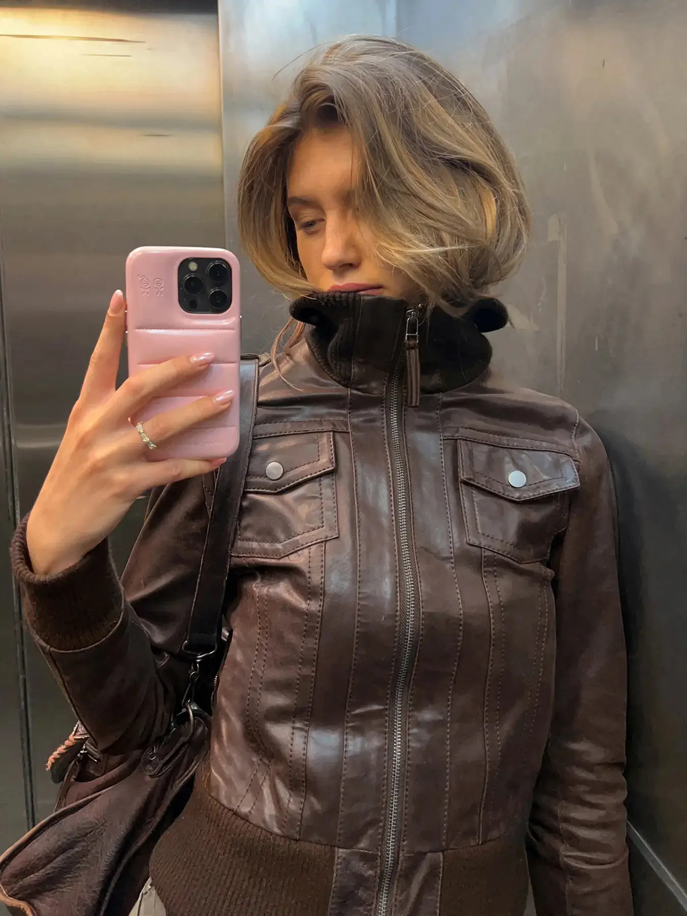 Women's High Neck Turtleneck Zipper Leather Jacket, Long Sleeve Loose Fit Coat, Basic Fall & Winter Casual Street Style Motorcycle Windbreaker Outerwear