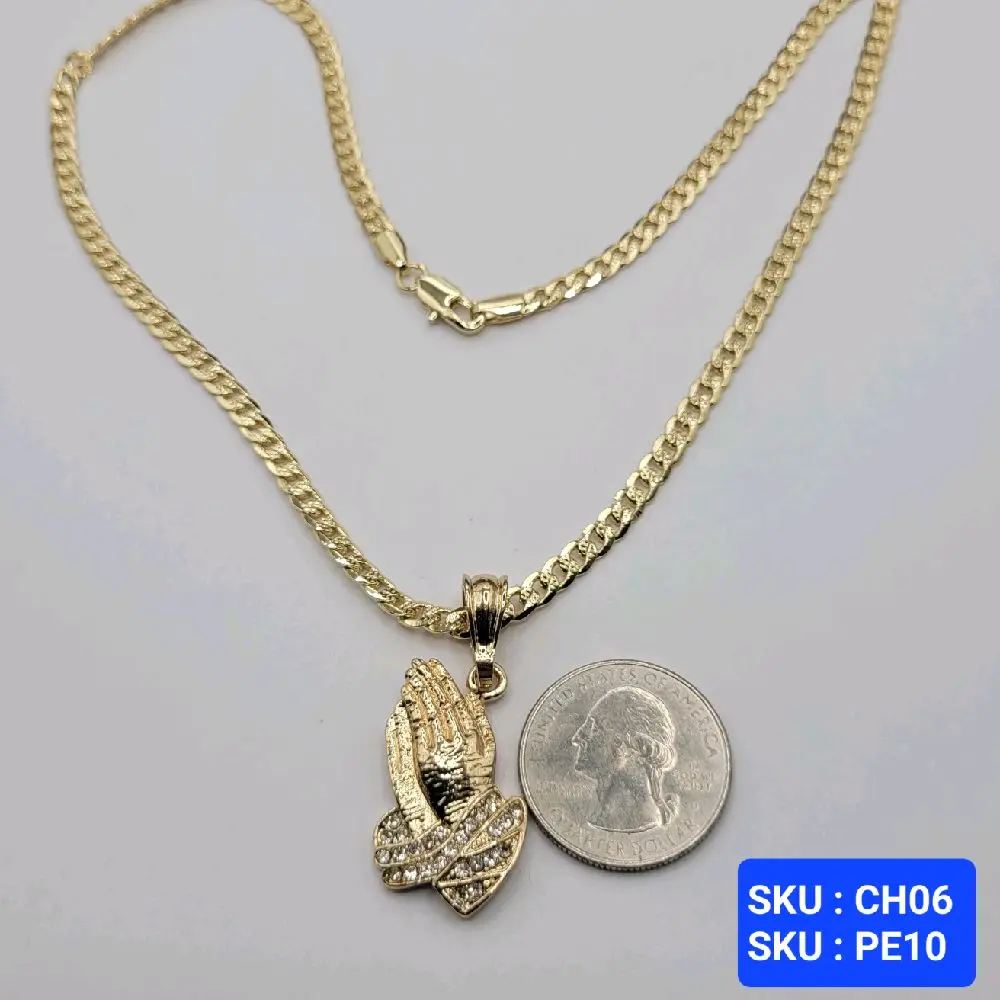 Praying Hands Pendant with Clear Stones Cuban Link Chain 18 Inches Laminated Gold Jewelry for Teenagers and Childrens. Cross Necklaces SKU : PE10