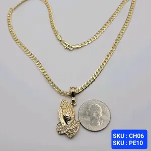 Praying Hands Pendant with Clear Stones Cuban Link Chain 18 Inches Laminated Gold Jewelry for Teenagers and Childrens. Cross Necklaces