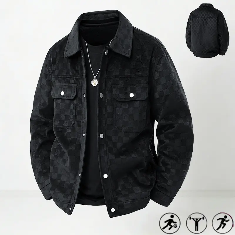 Utility jacket with a dark plaid pattern and turn-down collar, featuring a light luxury, retro casual style. It has a metal button front and dual chest patch pockets. The fabric has a fine plush feel with rich texture. A loose drop-shoulder fit that suits