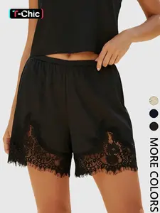 Women's Summer Lace Patchwork Shorts, Lightweight Breathable Comfort, Elastic Waist, Casual Home and Vacation Wear, Loungewear