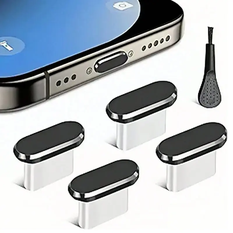 4 Piece Set Protective USB C Dust Plug & Cleaning Brush for Smartphone, Metal Material C Type Charging Port Protector Cover, Anti-Dust USB-C Plug Cover Cap, Protection Cap, Mobile