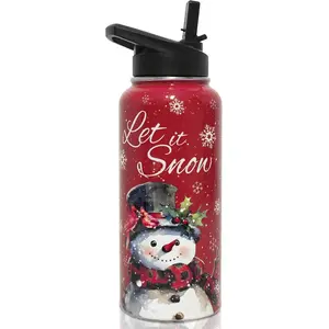 Insulated Christmas Water Bottle 32 oz, Snowman Water Bottle with Straw, Reusable Leakproof Water Bottle Stainless Steel, Christmas Gifts for Women