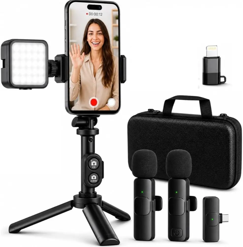 Compact Mobile Vlogging Kit with Adjustable Selfie Stick, Bluetooth Wireless Microphone, LED Light, Tripod - iPhone/Android Accessories for YouTube Recording Content Creators