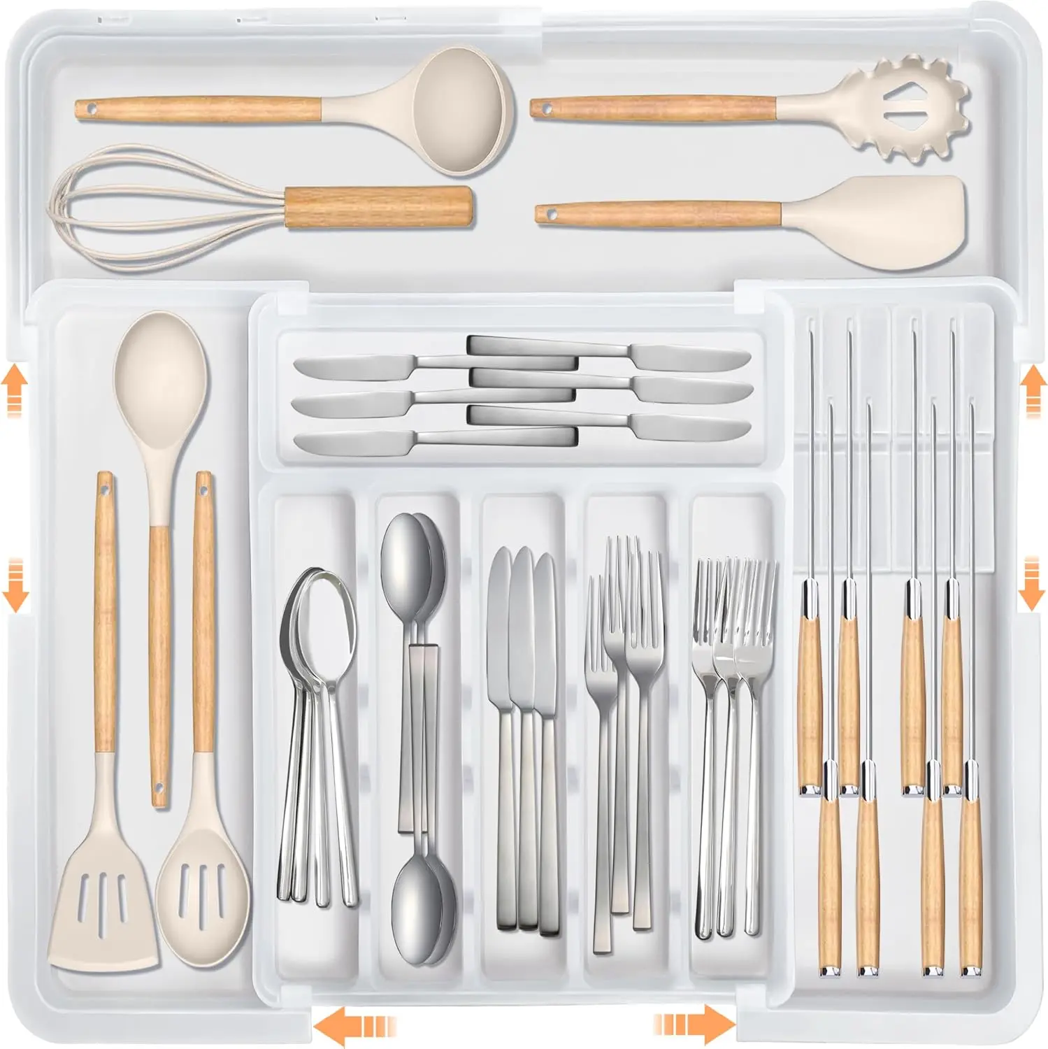 Expandable Kitchen Drawer Silverware Organizer with 2 Knife Blocks, Kitchen Tools for Daily Use, Adjustable Plastic Flatware-Cutlery Holder with Expandable Fit for Spoons, Forks, Knives