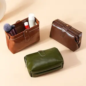 Large-Capacity PU Leather Travel Pouch Light Luxury Waterproof Makeup Bag for Makeup Products Genuine Soft Leather Storage Pouch Vintage Color Scheme for Business Travel Slim Padfolio outdoorfun