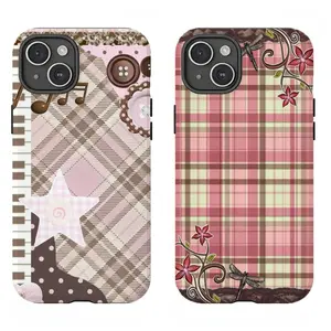 Vintage Pink Plaid Phone Case with Musical Notes & Star|Cottagecore Patchwork Protective Cover|Dragonfly & Floral Lace Design Shockproof Cover For iPhone 17 Pro Max 16 15 14 13 12 11 for Samsung S21 S22 S23 S24 S25 S26 Phone Case