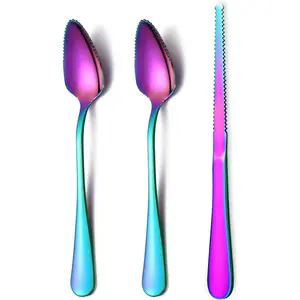 3 Pieces Rainbow Grapefruit Utensil Set Includes 2 Titanium Plating Serrated Stainless Steel Spoons and 1 Grapefruit Knife