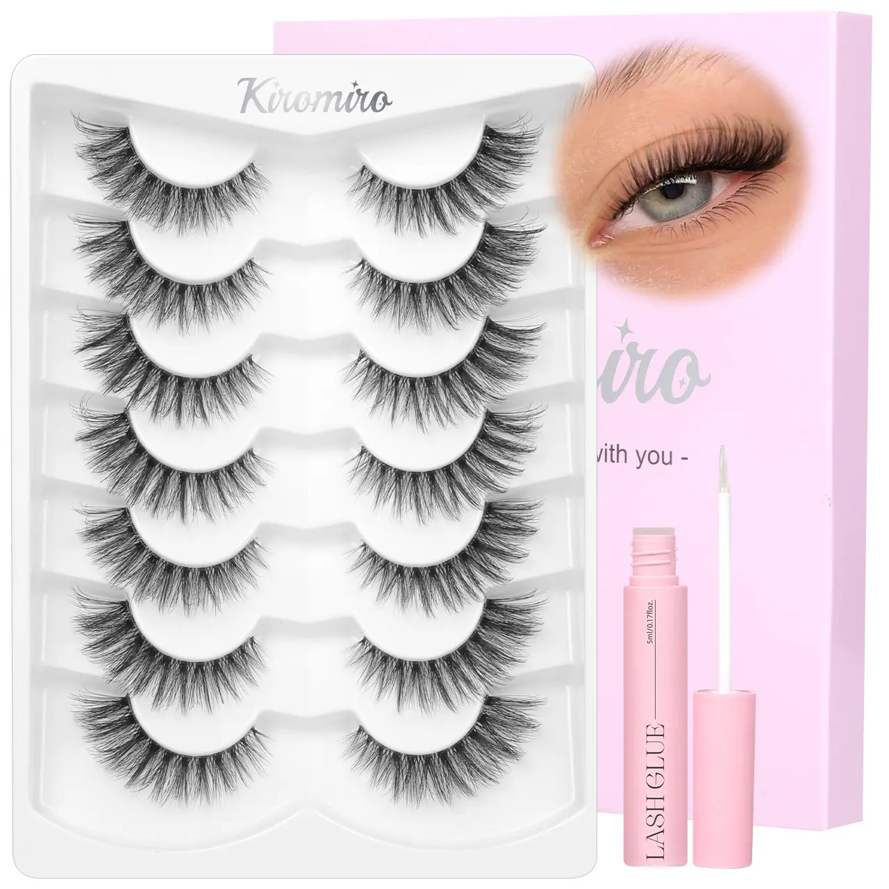 Kiromiro Natural Lashes Clear Band 15mm False Eyelashes Natural Look Cat Eye Lashes Faux Mink Eyelashes Strips for Makeup, 7 Pairs