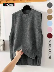 Women's Basic Solid Color Round Neck Sweater Vest, Fit Casual Chic Minimalist Aesthetic Sleeveless Knitwear Top for Daily Wear, Ladies Knit Clothing for Fall & Winter, Womenswear