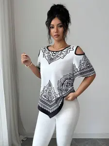 Elegant and Print Short Sleeve Top, Asymmetrical Hem, Women's Church Shirt, Romantic and Vintage Style, Summer Fashion