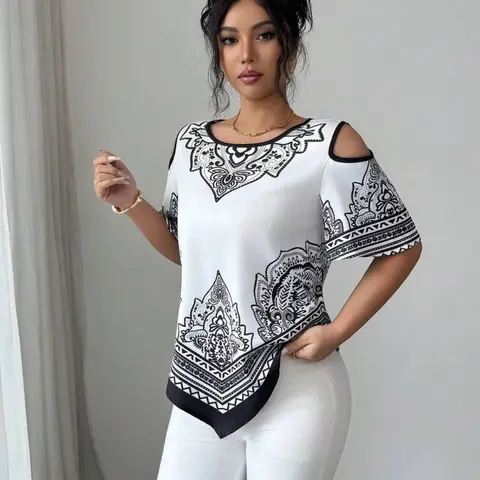 【Black Friday】Women's Elegant Summer Printed Cold-Shoulder Short-Sleeve Blouse with Pointed Asymmetrical Hem, Romantic Vintage-Inspired Top for Church Wear