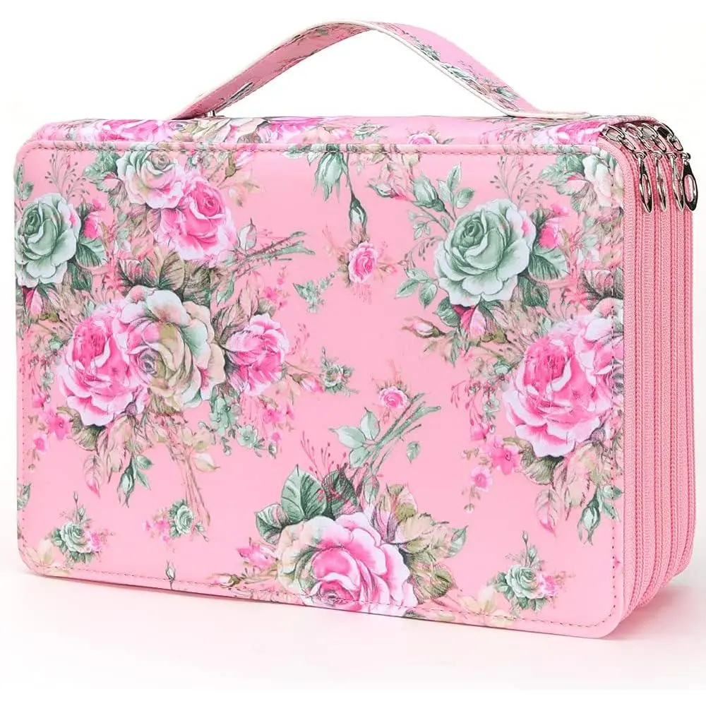 Colored Pencil Case - 200 Slots Pencil Holder with Zipper Closure Twill Fabric Large Capacity Pencil Case for Watercolor Pens or Markers, Pencil Case Organizer for Artist (Pink Rose)