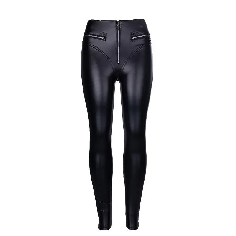 Futuristic Peach Hip Tight High-Waisted Leather Pants for Women with Cuffed Zipper Motorcycle Slim Fit Long Pants Item Code 921971154324
