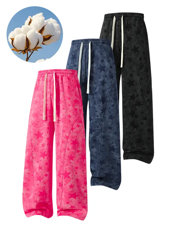All-over star print wide-leg sweatpants, loose fit with a fluid drape, casual long pants