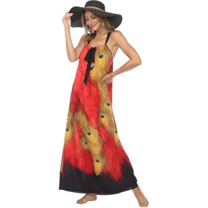 FenyaV Women’s Long Peacock Dress – Lightweight Boho Maxi Gown with Colorful Feather Design