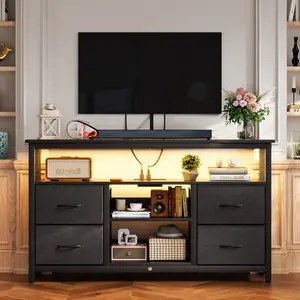 DAYAGO Black TV Stand for 55 65 inch TV Entertainment Center with RGB Lights Charging Station TV Media Console Table 4 Fabric Drawers Open Shelves for Living Room Hallway Wood Top