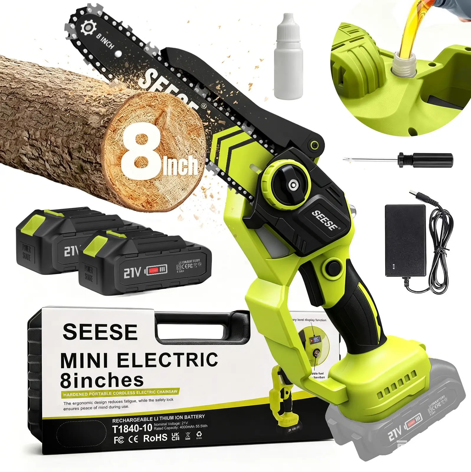 SEESE Brushless Mini 8"ChainSaw Oil System- Portable Electric Cordless Saw for Wood Cutting, Batteries (000mAh) ,Pruning, Gardening, Camping - Suitable for Seniors, Women Holiday gifts