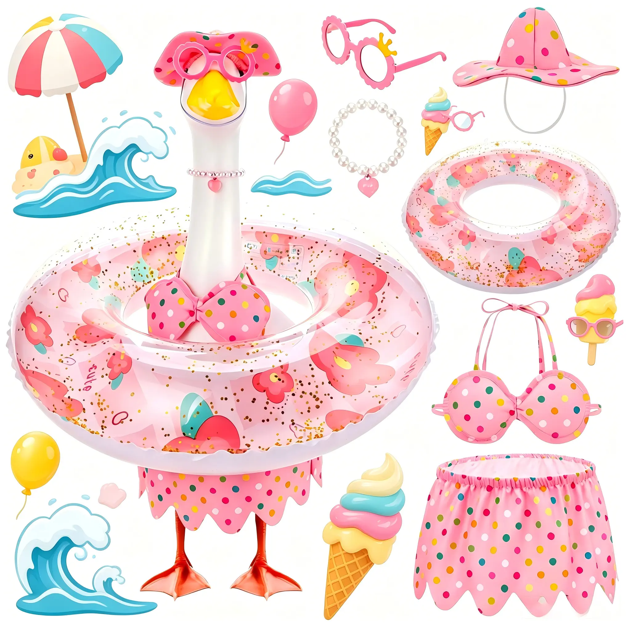 Pink Polka Dot Summer Bikini Outfit for 23 Inch Porch Goose Statue, Beach Costume with Sun Hat Sunglasses Pearl Necklace & Inflatable Swim Ring, Tropical Luau Party Decor for Cement Plastic Lawn Goose (Goose Not Included)