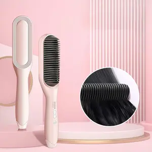 Hair Straightener Brush, 20s Fast Heating, Negative Ions Hair Straightening Brush with Less Frizz, 5 Temp Settings & LED Display, Anti-Scald Design, Gift for Women, Dual Voltage, Pink