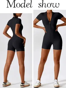 Women's Casual Sporty Jumpsuit, Half Zip Short Sleeve, High Stretch Fit, Quick Dry, Ideal for Fitness, Yoga, Daily Wear