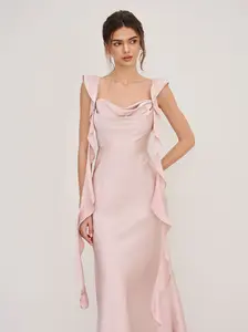 Cider Satin Cowl Neck Solid Ruffle Hem Women's Maxi Dress
