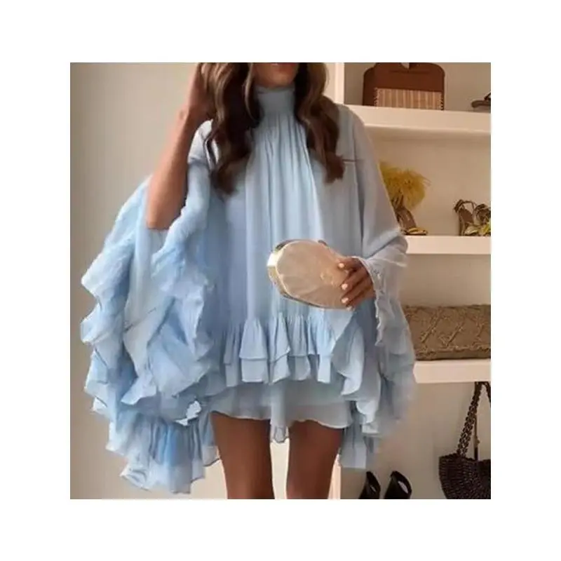 Women's Loose Pleated Sports Dress with Ruffled Short Sleeves, High Neck Flare Activewear for Casual Party Wear, Only Skirts