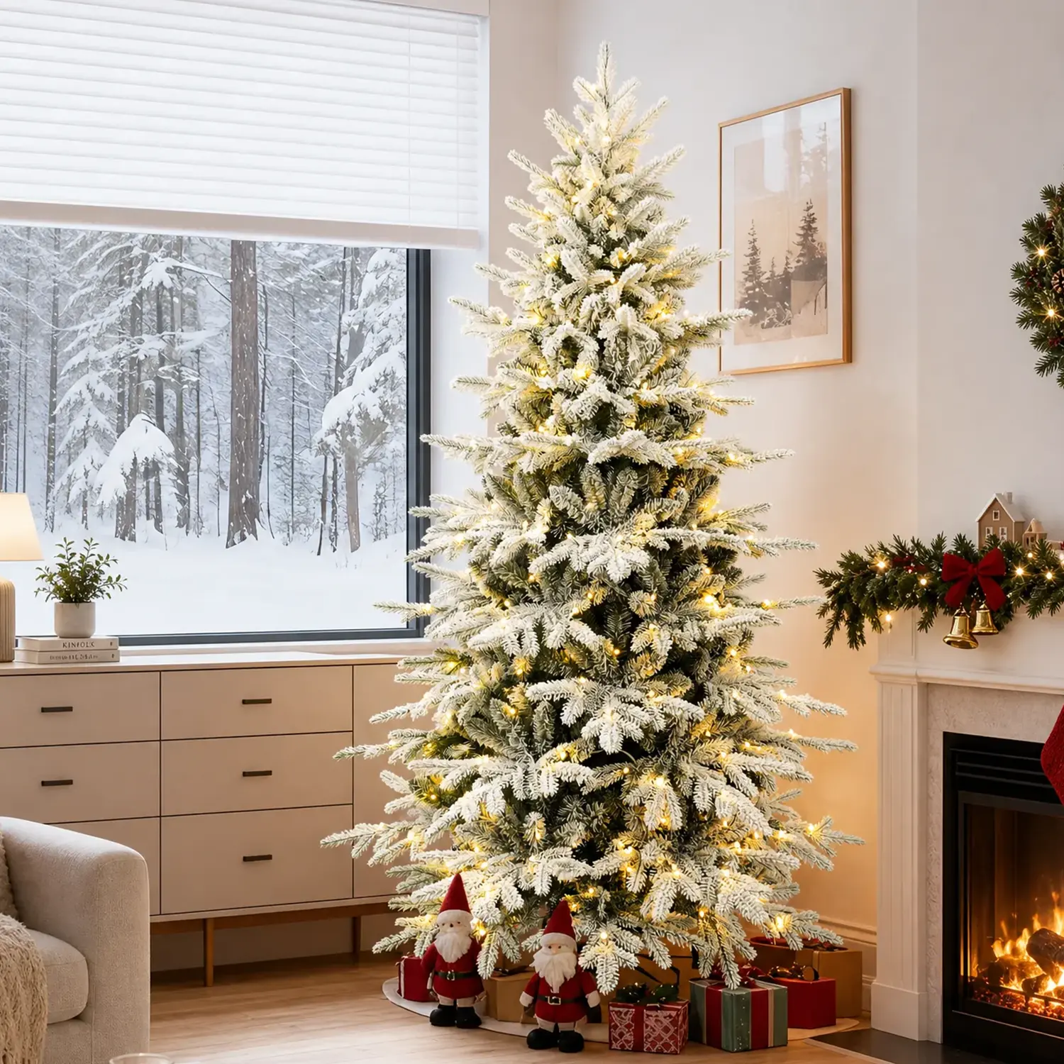 Pre-Lit Snow Flocked Artificial Christmas Tree, 6/7/8 FT, Warm White & Multicolor LED Lights, Realistic PE & PVC Mixed Branches, Dense Snow Cover, Holiday Decor for Home Office