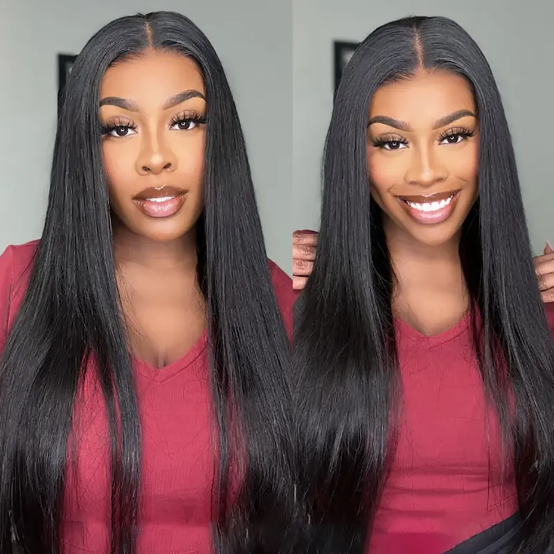 Women's Silky Straight Real Human Hair Lace Part Wig - 180% Density, 4×6 Glueless HD Pre-Cut Pre-Bleached 13×4 Closure Lace, Quick Install Ready-to-Wear for Beginners, Natural Black Cap