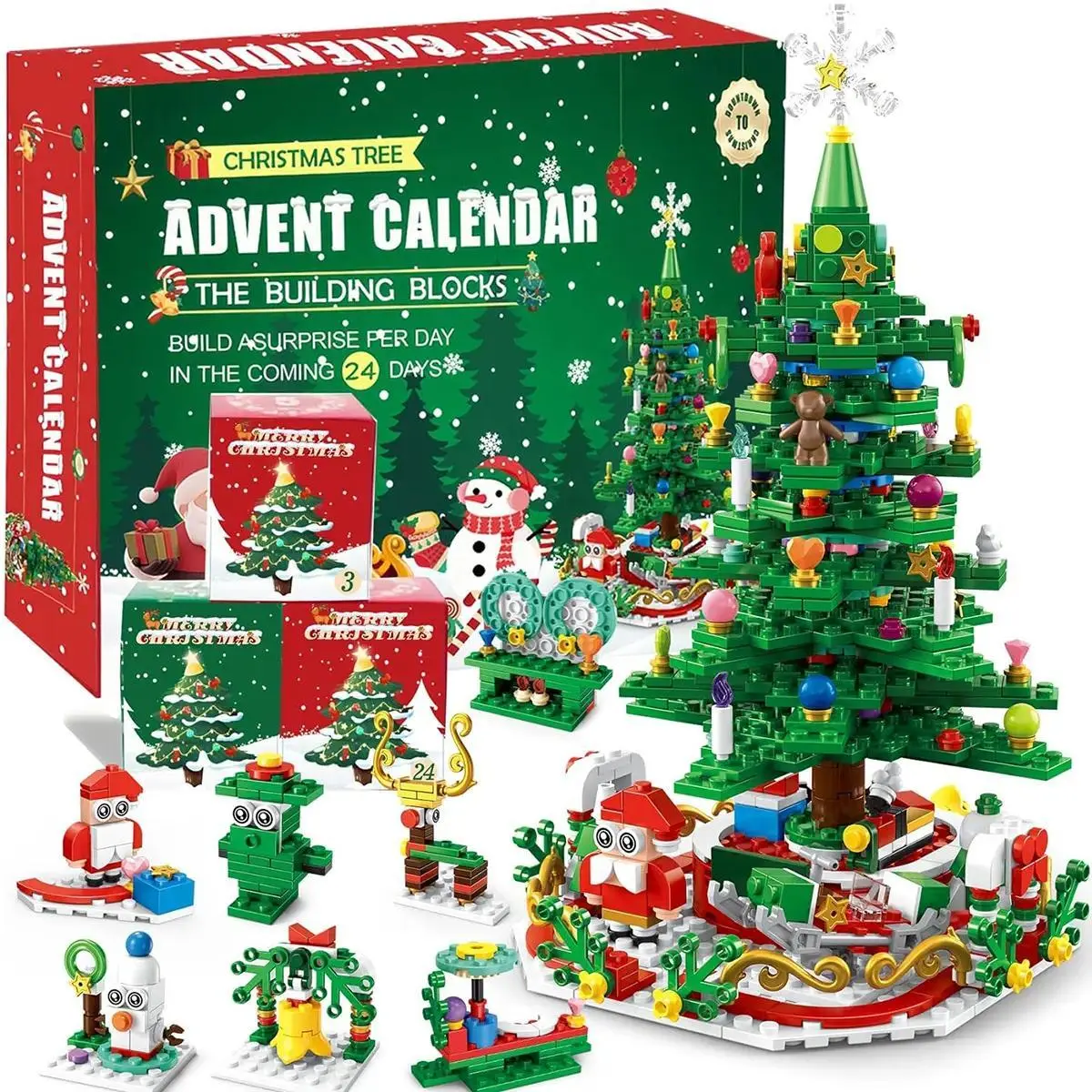 Christmas Advent Calendar Building Blocks | 24 Days Countdown Blind Box, 24-in-1 Xmas Bricks Kit, Santa & Christmas Tree Building Toy, Kids Holiday Gift