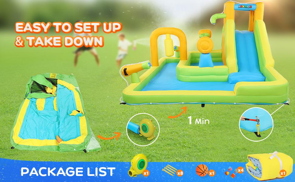 JOYMOR Inflatable Water Slide Park w/ 83x40 in Deep Swimming Pool, Shower Spray, Sticky Ball, Climbing Wall, Water Slides Inflatables for Kids and Adults Backyard Outdoor Fun (Air Blower Included)