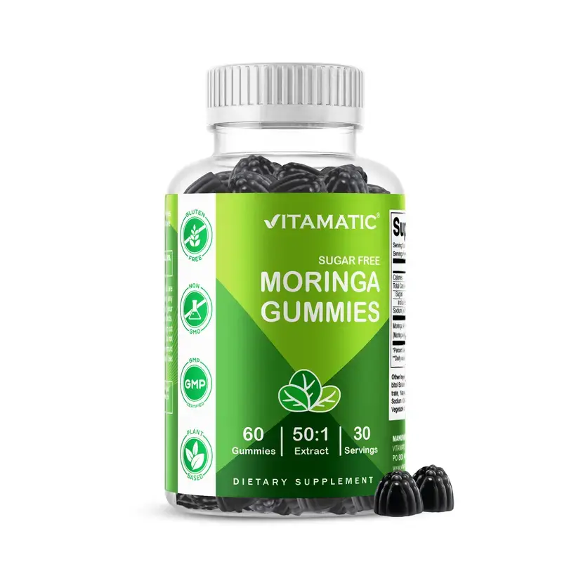 Vitamatic Sugar-Free Moringa Gummies - 60 Pectin-Based Chewables, Clean Fitness & Healthcare Supplement, Essential Minerals, Gluten-Free, Non-GMO, Vegan, Natural Energy Support, Multicolor Flavors, Dietary Chewable