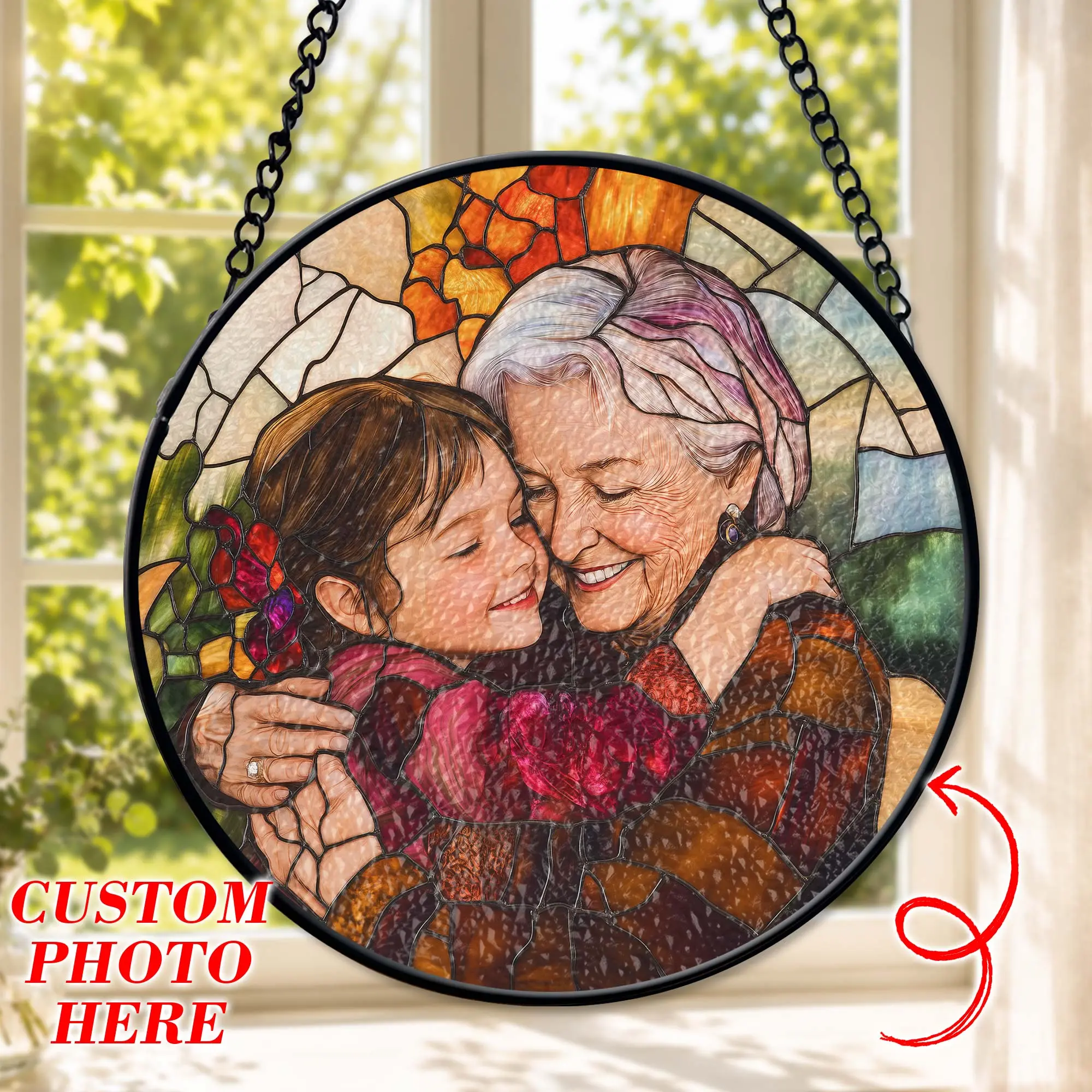 Personalized Grandma And Grandkids Portrait Faux Stained Glass, Custom Photo Family Window Hanging, Christmas Gift For Mom, Grandma, Heartwarming Gift for Grandma, Mom or Loved Ones, Memorial Keepsake Decor for Birthday, Christmas, Mother's Day