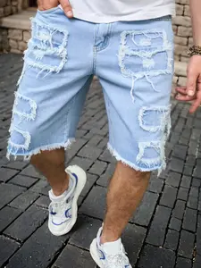 Men's Ripped Denim Jean Shorts, Light Wash, Loose Casual Ripped Design Pocket Shorts for Daily Wear, Streetwear Men's Baggy Bottoms for All Seasons, Summer, Frayed Hem Shorts, Ripped Hem Shorts