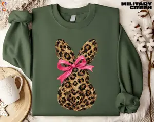 Leopard Print Bunny Easter Sweatshirt, Girly Animal Pattern Crewneck Pullover, Cute Spring Holiday Outfit for Women, Trendy Cozy Gift for Leopard Lovers - ShamCren