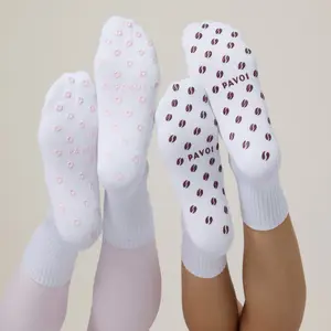 PAVOI Grip Sock Bundle - 5 & 2 Pairs Pack of Pilates Socks - Non-Slip Crew Socks for Barre, Pilates - Lightning Bolt, Chili Pepper, Coffee Bean, Flower and Heart Cute Grip Socks