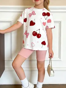 2 Piece Girl Shorts Set Crew Neck Short Sleeve Graphic T Shirt and Elastic Waist Biker Shorts Cherry Print Cartoon Casual Summer Outfit Clothes Kids