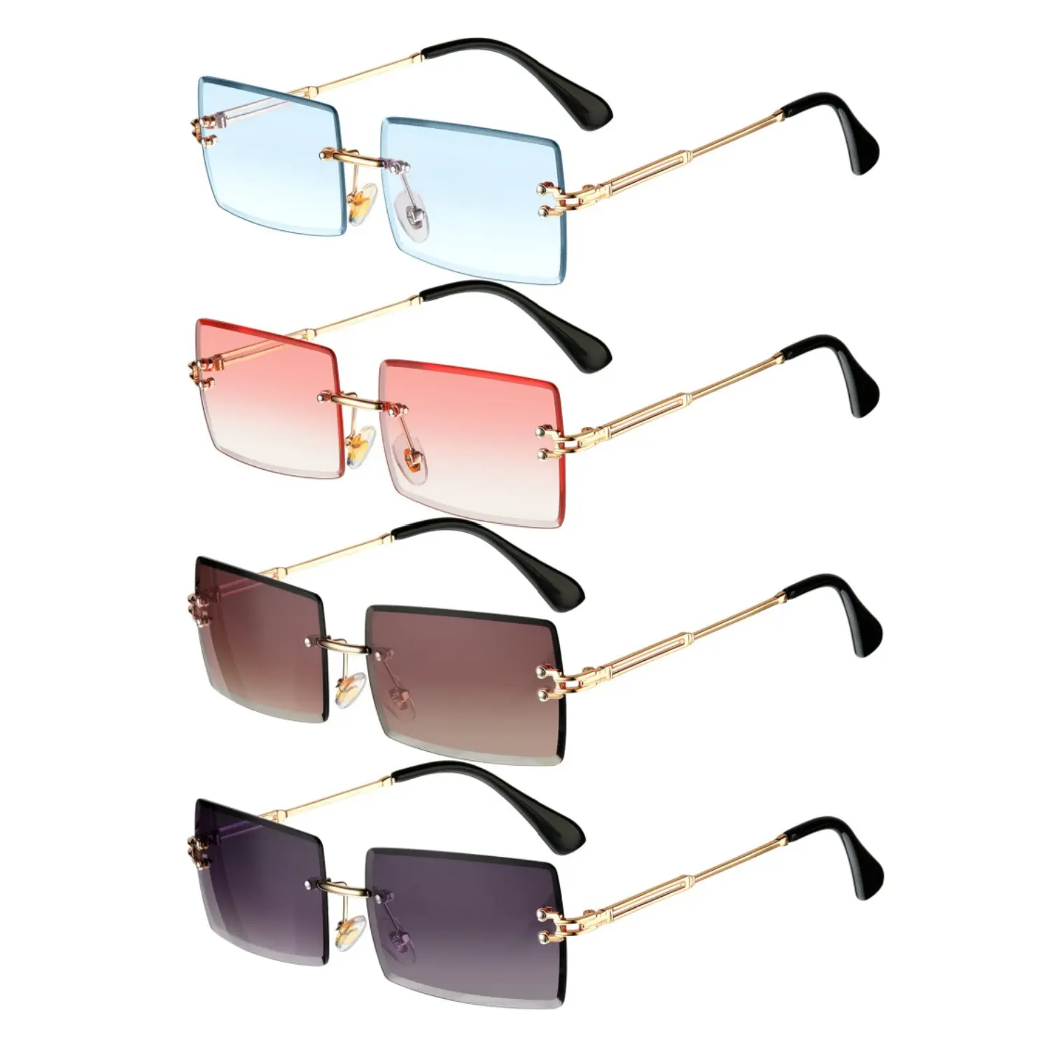 Bulk Outdoor Sunglasses Set (4 Pairs) - Rimless Trendy Rectangle, Vintage Transparent, Sun Protection Eyewear for Men, Ideal Gifts for Wife, Girlfriend, Sisters (Mother's Day, Anniversary)