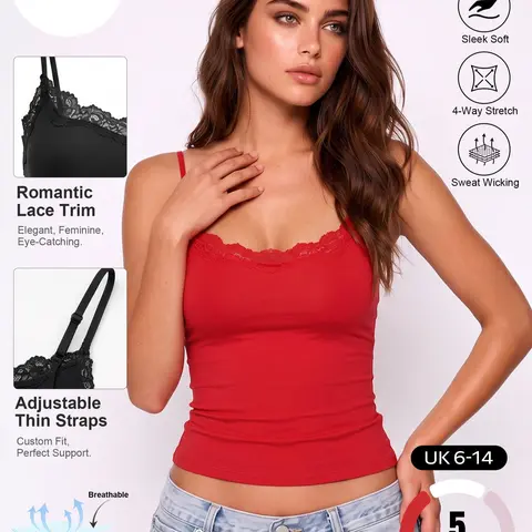 LUMENNEST Women's Feminine Sleeveless Spaghetti Strap Camisole - Elegant Lace Trim, Adjustable Straps, Solid Color, Thin Fabric, Lightweight, Comfortable, Moisture-Wicking, Breathable, Quick-Drying, Stretchy Casual Chic Going Out Tops for Summer