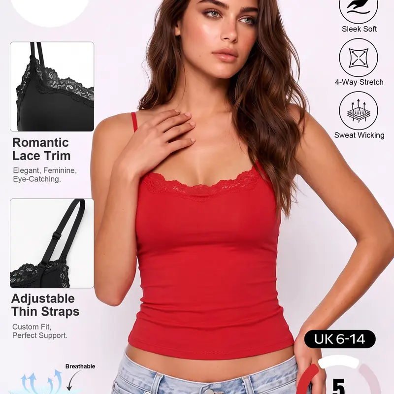 LUMENNEST Women's Feminine Sleeveless Spaghetti Strap Camisole - Elegant Lace Trim, Adjustable Straps, Solid Color, Thin Fabric, Lightweight, Comfortable, Moisture-Wicking, Breathable, Quick-Drying, Stretchy Casual Chic Going Out Tops for Summer
