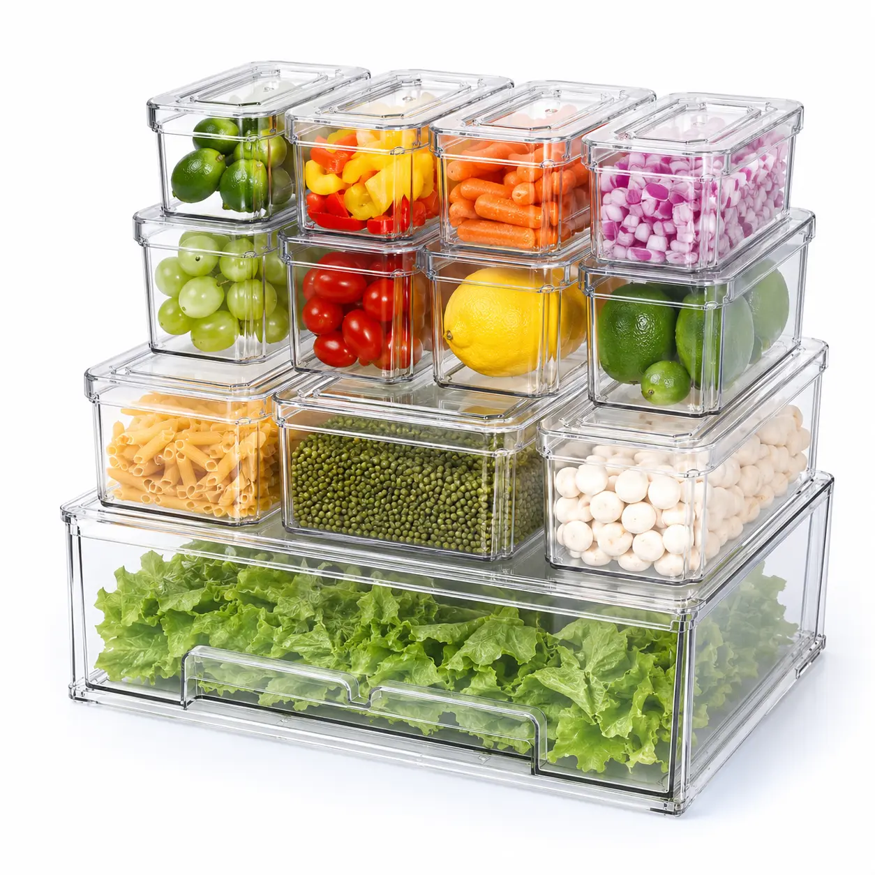 AISOON 10 Pack Clear Fridge Organizer Bins with Lids, Stackable Refrigerator Storage Containers with Pull-Out Large Drawer, BPA-Free Anti-Slip Fridge Organizers for Fruits, Vegetables, Drinks & Pantry Storage
