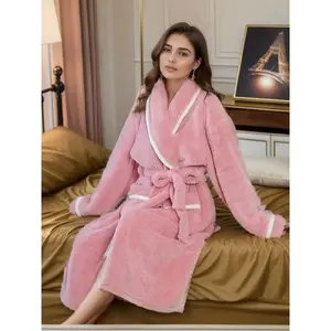 Women’s Coral Fleece Bathrobe, Thickened Winter Robe with Pockets, Casual Long-Sleeve Sleepwear, Warm Home Comfort Apparel