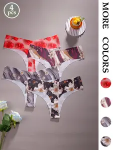 4 Pack Floral Print Women's Thong Panties, Comfortable Seamless Design, Sexy V-Shape Waistband, All Seasons Thin Fabric