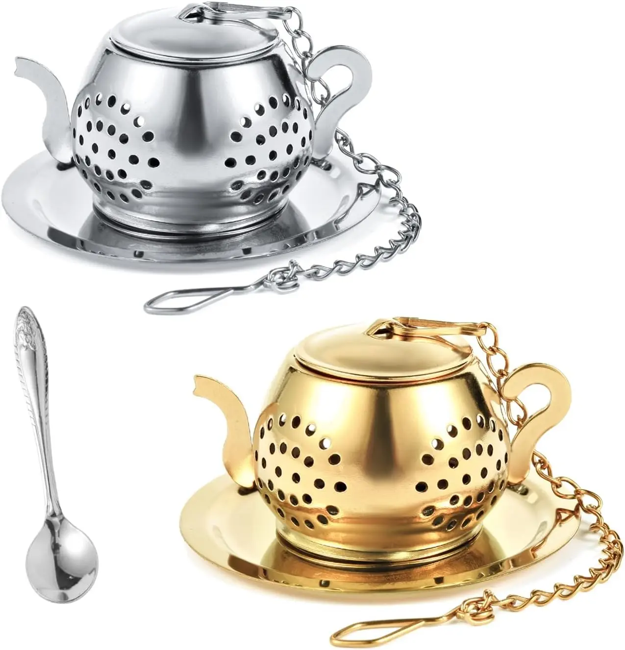 Set of 2 Compact 304 Stainless Steel Tea Strainers, Includes Spoon, Cute Teapot Design Loose Leaf Tea Brewer for Home Brewing Supplies