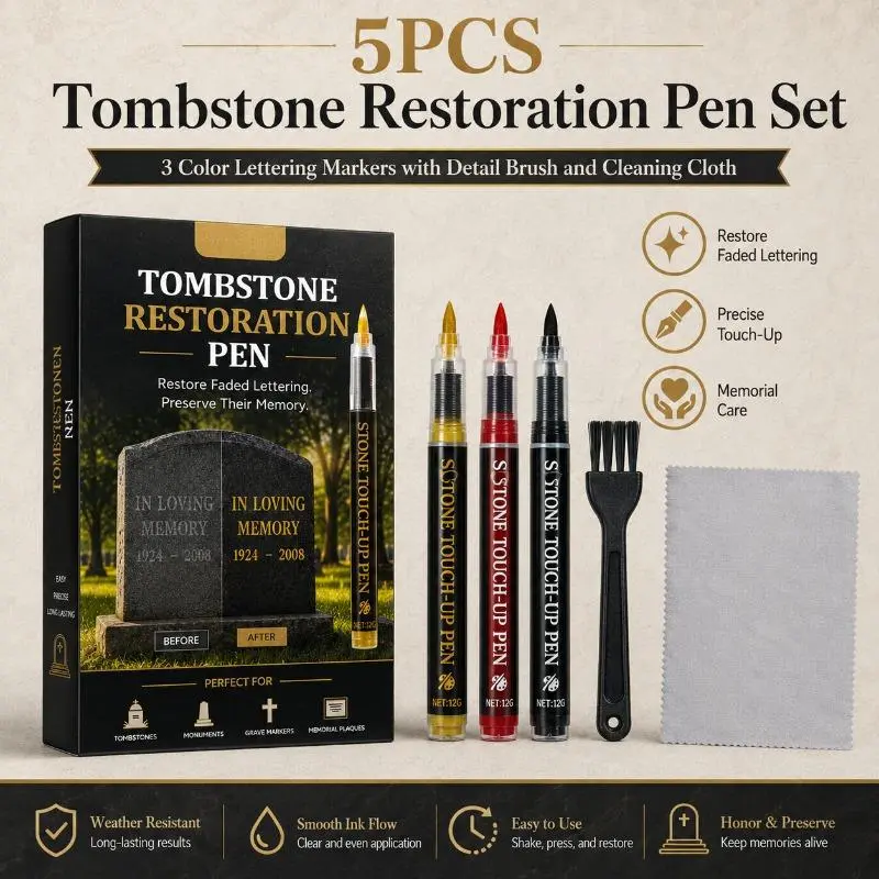 5-Pcs Tombstone Restoration Marker Pen Set - 3 Vivid Permanent Lettering Paint Markers with Detail Touch-Up Brush, Cleaning Cloth, Weather-Resistant Refills for Gravestone Letter Recoloring, Ideal for Family Caregivers, Mark